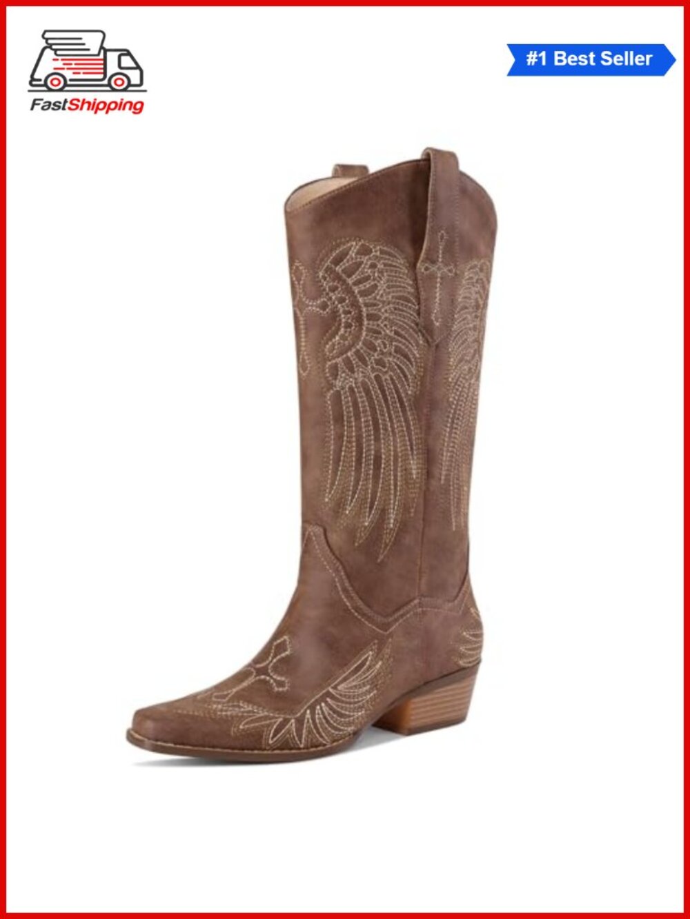 Womens Knee High Western Boots Faux Leather Embroidered Wing Square Toe